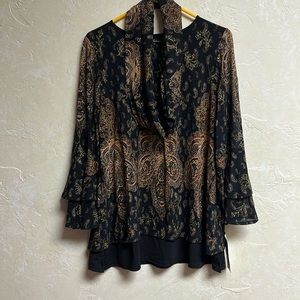 Beautiful Calessa Top - Black with rust --gold glitter - detachable scarf.